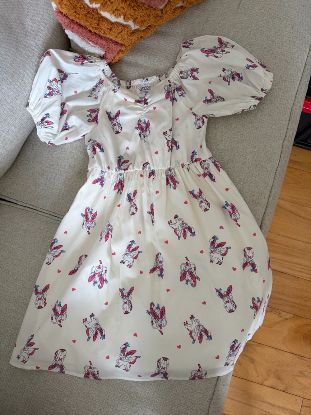 Pokemon White Dress with Pink and Blue Unicorn Motif - Puff Sleeves